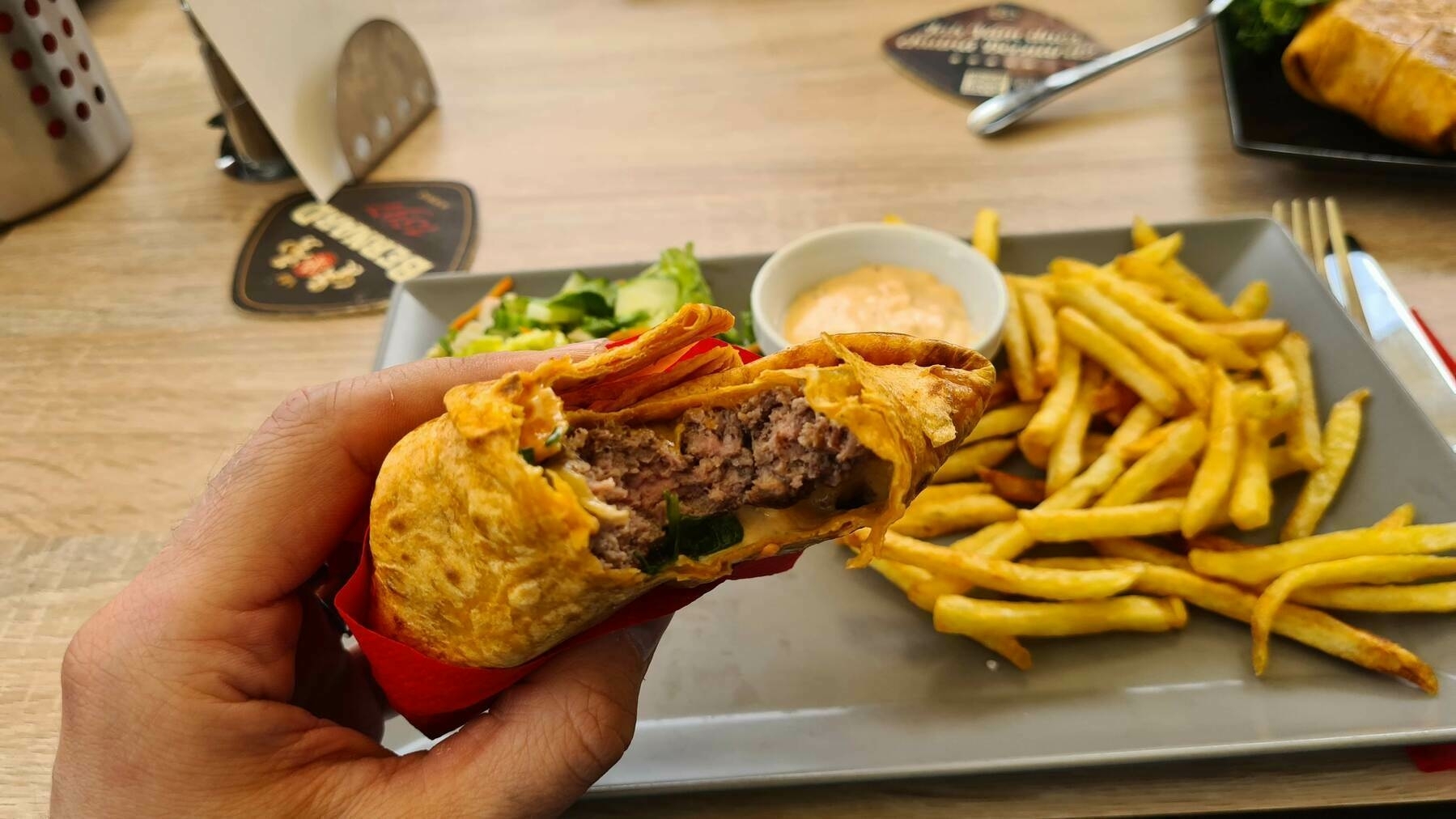 Tortilla burger in a restaurant.